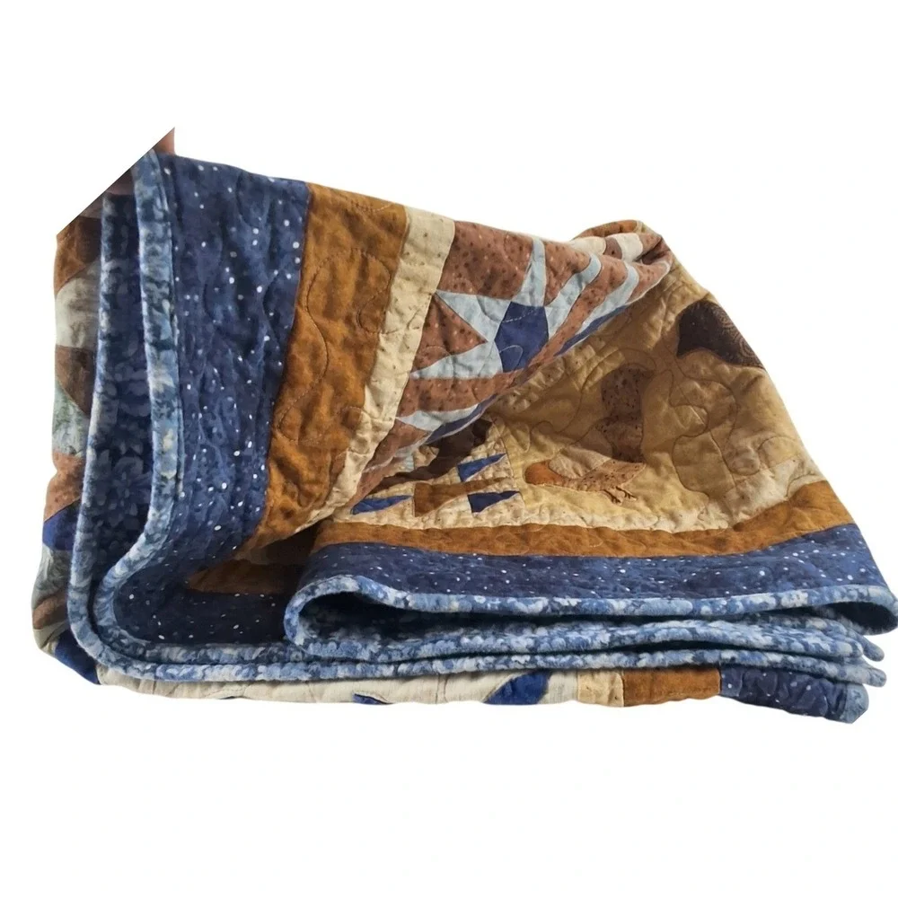 Handmade Patchwork Quilt Quail Bird Woodland Blue Brown Rustic Country Throw